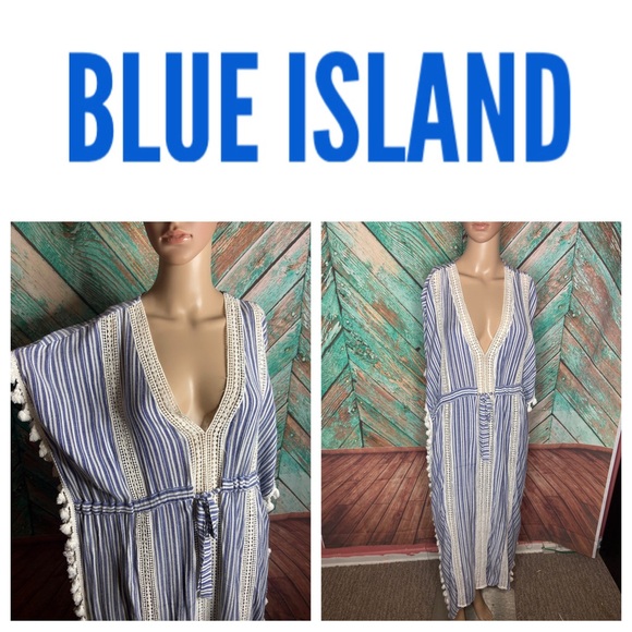 Blue Island Rayon Striped Maxi Beach Coverup With Pom Pom Hem - Picture 1 of 9